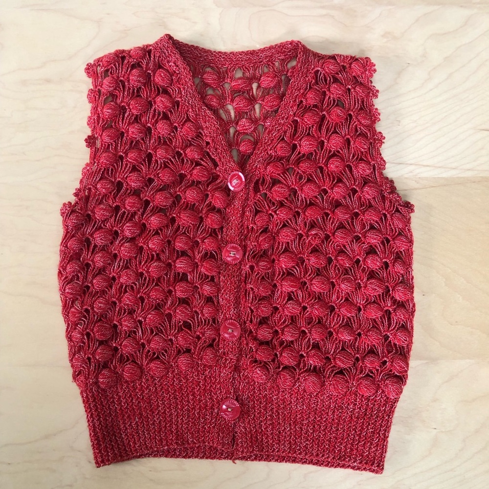 Red Crochet Women's Sweater Vest Sleeveless boho eclectic bobble